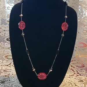 NWOT long silver tone necklace w/large pink stones!